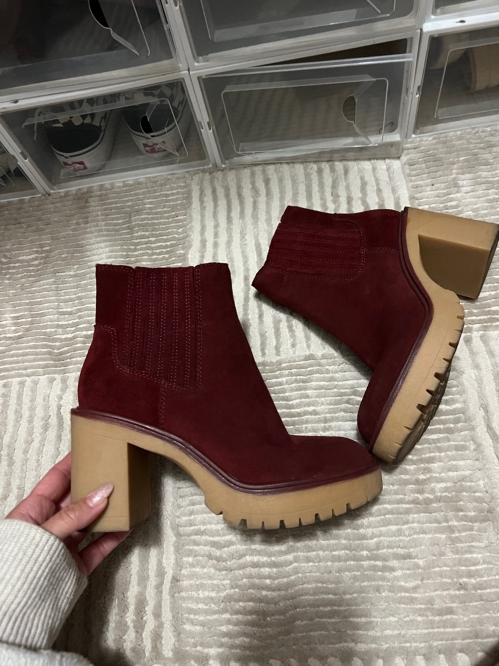 Dolce Vita Caster H2O Maroon Suede Pull On Chunky Block Heel Fashion Ankle Boots